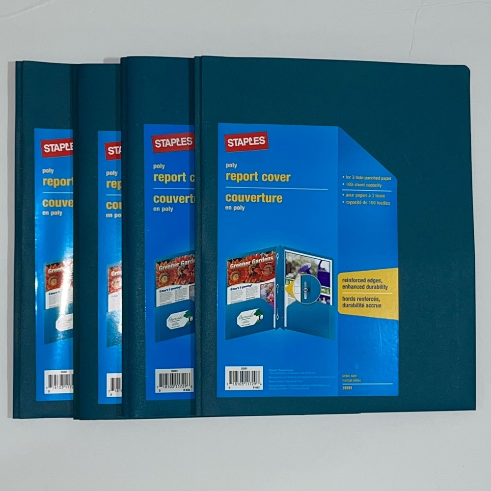 Staples Set of 4 Green Poly 3 Hole Report Covers, Letter Size, 39391